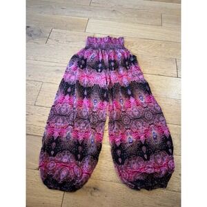 Kathmandu Imports Bohemian Harem Pants Pink Paisley Smocked Waist Women's (1005)